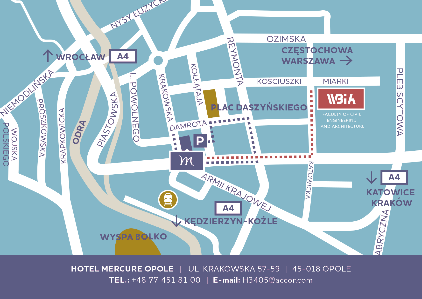 The map showing the route between the Mercury hotel and the Faculty of Civil Engineering and Architecture, Opole University of Technology