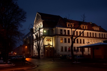 Faculty of Civil Engineering and Architecture at night, front view, photo made by S. Dubiel